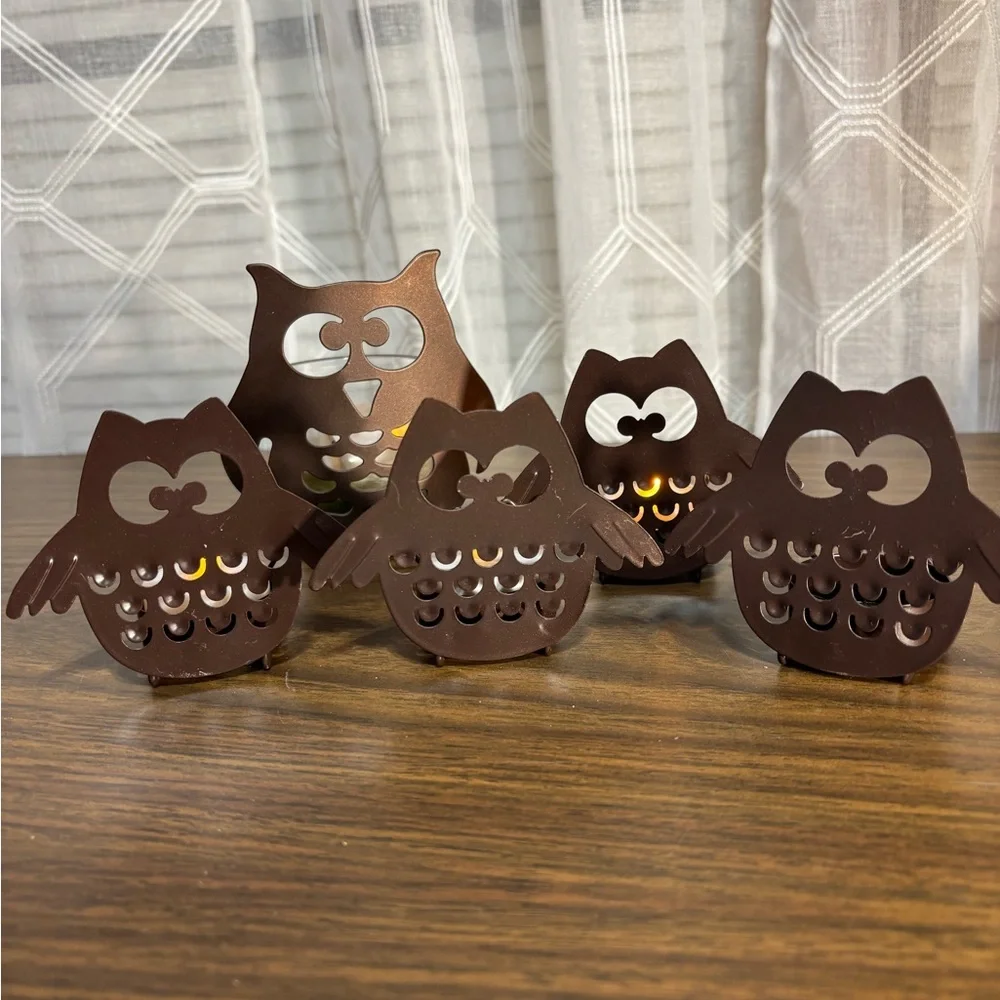 Yankee Candle Set of Metal Owl Candle Light Holders. 4 babies & Momma 3”&4”H